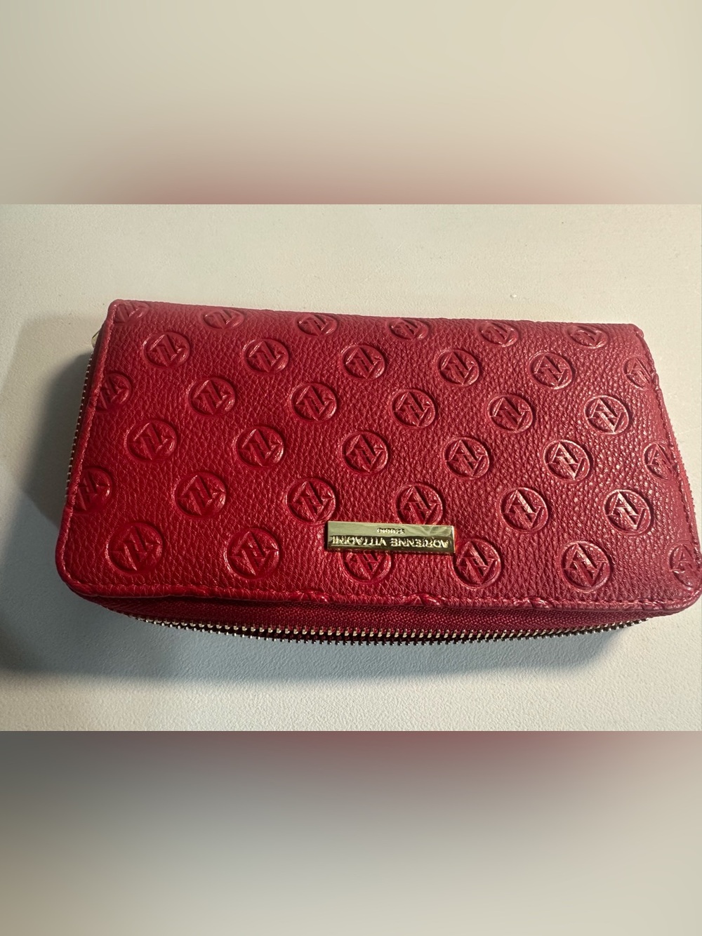 Adrienne Vittadini Crimson Embossed Leather Zip Wallet with Gold Plaque